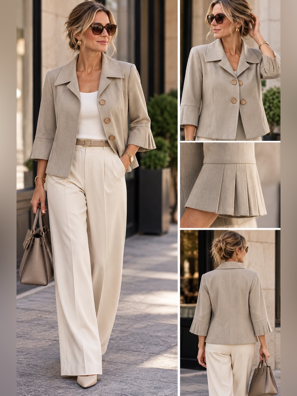 Tailored Taupe Cropped Blazer with Pleated 3/4 Sleeves - Picture 3 of 12